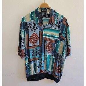 Alan Stuart Shirt Vintage 80s Abstract 1/4 Button Short Sleeve Banded Hem Retro